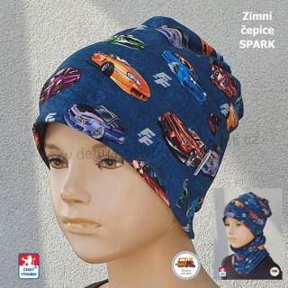 Dětská zimní čepice dlouhá Spark /9.795/ bavlna s fleesem Auta na petrolejové vel.L (1-3roky)