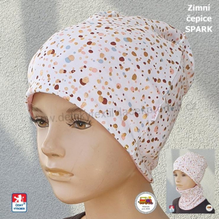 Dětská zimní čepice dlouhá Spark /9.786/ bavlna s fleesem Kaňky na bílé vel.XL (3-6 let)