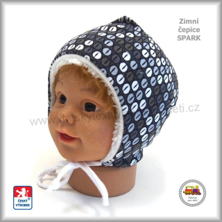 Dětská zimní čepice - bavlna s fleesem Spark /646/ Kávová zrna šedá zavazovací vel.XS (0měs-2měs)