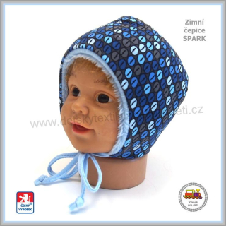 Dětská zimní čepice - bavlna s fleesem Spark /642/ Kávová zrna modrá zavazovací vel.XS (0měs-2měs)