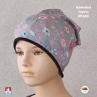Bavlněná čepice Spark dlouhá /9.725/ Kytička na šedé vel.L (1-3roky)