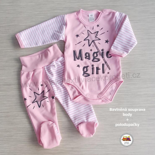 Kojenecká bavlněná souprava body + polodupačky /660/ Magic girl na světle růžové vel. 62