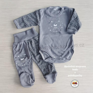 Kojenecká bavlněná souprava body + polodupačky /654/ Medvídek na tmavší šedé vel. 56