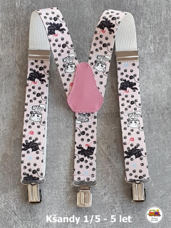 Dětské kšandy/šle Černé a bílé koťátko na růžové č.15
