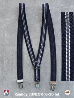 Dětské kšandy, šle JUNIOR tmavě modré s šedým a bílým proužkem 11J