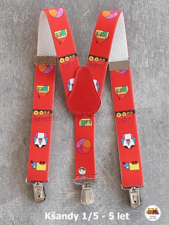 Dětské kšandy/šle červená Mašinka a domeček č.26