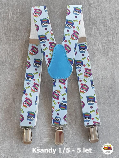 Dětské kšandy/šle šedé Sovy na světle modré č.42