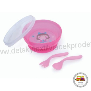 Miska s víčkem, lžičkou a vidličkou TOYS 21/300 růžová