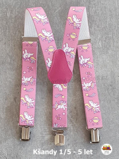 Dětské kšandy/šle Jednorožec/Unicorn na růžové č.135