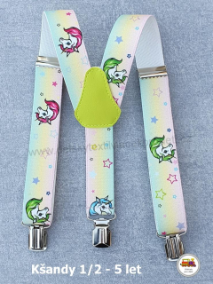 Dětské kšandy/šle Jednorožec na zelenorůžové č.137