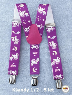 Dětské kšandy/šle Jednorožec na fialové č.139