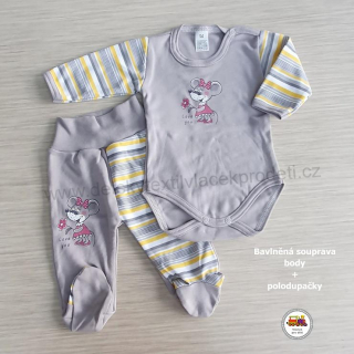 Kojenecká bavlněná souprava body + polodupačky /669/ Myška na šedé vel. 56