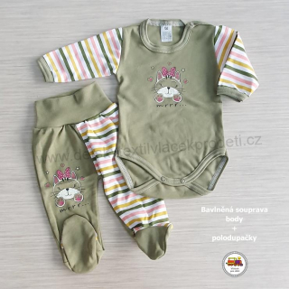 Kojenecká bavlněná souprava body + polodupačky /667/ Kočička na khaki vel. 56