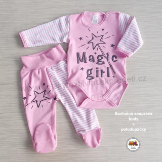 Kojenecká bavlněná souprava body + polodupačky /657/ Magic girl na růžové vel. 62