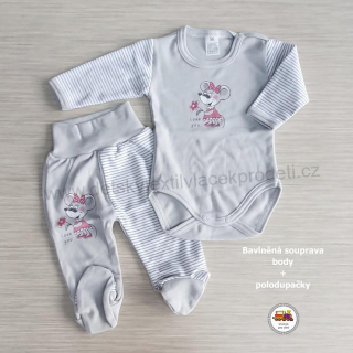 Kojenecká bavlněná souprava body + polodupačky /651/ Myška na světle šedé vel. 56