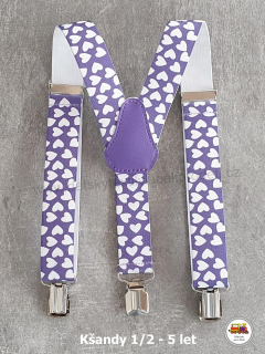 Dětské kšandy/šle Bílá srdíčka na fialové č.165