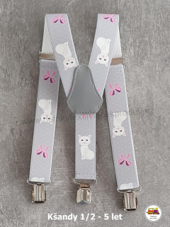 Dětské kšandy/šle Kočička a mašle na šedé č.166