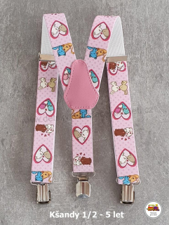 Dětské kšandy/šle Zvířátka v srdíčku na růžové č.168