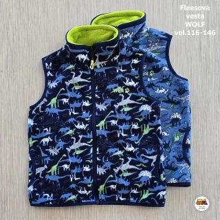 NOVINKA-Fleesová vesta WOLF B2346 Dinosauři na modré vel. 122, 128, 134, 140, 146