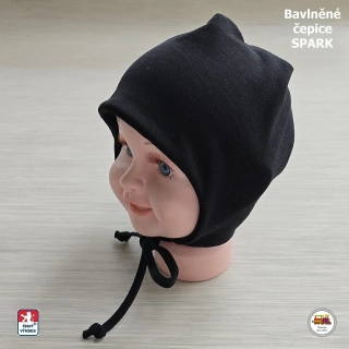 Bavlněná čepice Spark zavazovací /9.495/ černá vel.L (1-3roky)