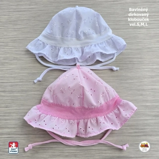 NOVINKA-Dívčí klobouček bavlněný zavazovací Spark dírkovaný vel.S (2-6měs), M (6měs-1rok), L (1-3roky)