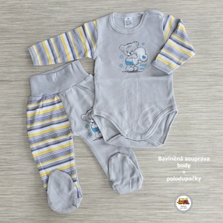 Kojenecká bavlněná souprava body + polodupačky /634/ Medvídek na šedé se žlutou vel. 56