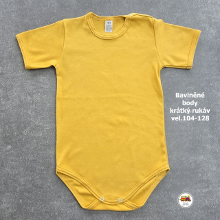 Kojenecké body bavlněné /9548/ hořčicově žluté krátký rukáv vel.128