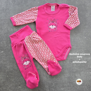 Kojenecká bavlněná souprava body + polodupačky /618/ Kočička na tmavě růžové vel. 56