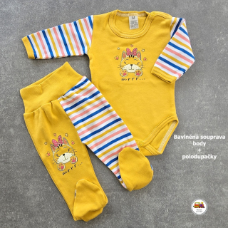 Kojenecká bavlněná souprava body + polodupačky /616/ Kočička na hořčicové vel. 56
