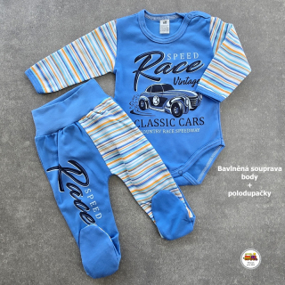 Kojenecká bavlněná souprava body + polodupačky /615/ Race na světle modré vel. 68