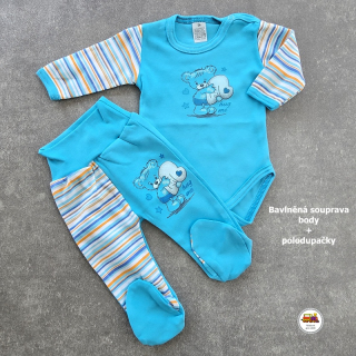 Kojenecká bavlněná souprava body + polodupačky /614/ Medvídek na tyrkysové vel. 56
