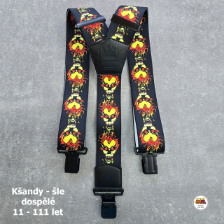 Dospělé kšandy, šle pro velké kluky a holky D38 široké Lebky žluté na černé
