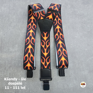 Dospělé kšandy, šle pro velké kluky a holky D39 široké Plameny na černé