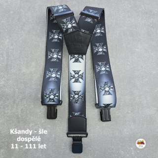 Dospělé kšandy, šle pro velké kluky a holky D41 široké Lebky v kříži na černé