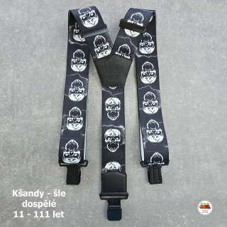 Dospělé kšandy, šle pro velké kluky a holky D45 široké Lebky na černé